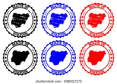 Made in Nigeria - rubber stamp - vector, Nigeria map pattern - black, blue and red