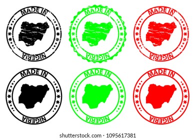 Made in Nigeria - rubber stamp - vector, Nigeria map pattern - black, green and red