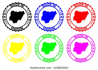 Made in Nigeria - rubber stamp - vector, Nigeria map pattern - black, blue, green, yellow, purple and red