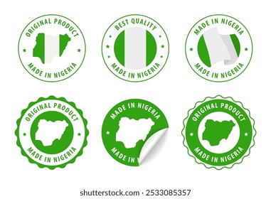 Made in Nigeria - Reihe von Etiketten, Briefmarken, Abzeichen, mit der Nigeria-Karte und Flagge. Beste Qualität. Originalprodukt. Vektorgrafik