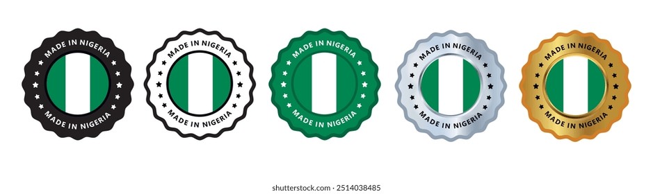 Made in nigeria set of sign stamp badge, with varian color green, silver, gold, black suitable for products manufactured, military, agriculture or food vector illustration eps editable text
