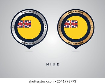 Hecho en Niue. etiquetas, pegatinas, puntero, insignia y símbolo del icono de la bandera de Niue. Ilustración vectorial de la colección