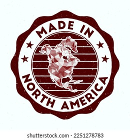 Made In North America. Continent round stamp. Seal of North America with border shape. Vintage badge with circular text and stars. Vector illustration.