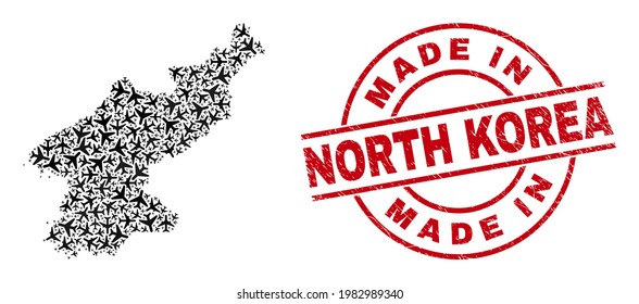 Made In North Korea rubber seal stamp, and North Korea map collage of aircraft elements. Mosaic North Korea map created from airliners. Red seal with Made In North Korea word,