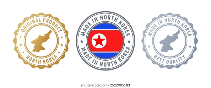 Made in North Korea, - set of stamps with map and flag. Best quality. Original product. Vector illustration