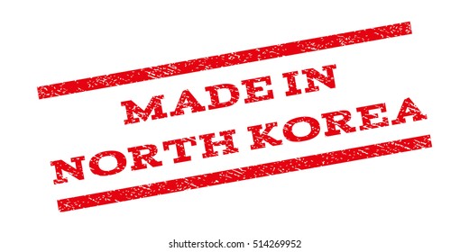 Made In North Korea watermark stamp. Text tag between parallel lines with grunge design style. Rubber seal stamp with dirty texture. Vector red color ink imprint on a white background.