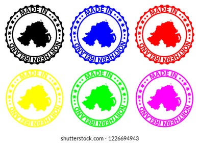 Made in Northern Ireland - rubber stamp - vector, Northern Ireland map pattern -black, blue, green, yellow, purple and red