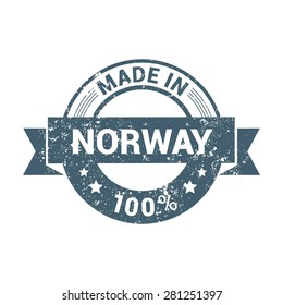 Made in Norway 100% - Round blue grunge rubber stamp design isolated on white background. vector illustration vintage texture. Vector illustration