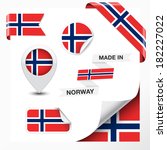 Made in Norway collection of ribbon, label, stickers, pointer, badge, icon and page curl with Norwegian flag symbol on design element. Vector EPS 10 illustration isolated on white background.