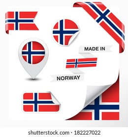 Made in Norway collection of ribbon, label, stickers, pointer, badge, icon and page curl with Norwegian flag symbol on design element. Vector EPS 10 illustration isolated on white background.