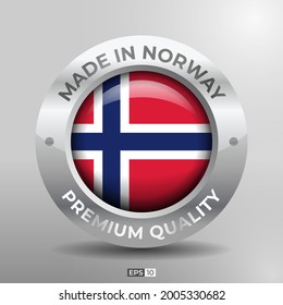 Fabricado en Noruega Etiqueta, logotipo, sello Bandera redonda de la nación con efecto 3D plateado brillante