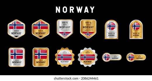 Made in Norway Label, Stamp, Badge, or Logo. With The National Flag of Norway. On platinum, gold, and silver colors. Premium and Luxury Emblem