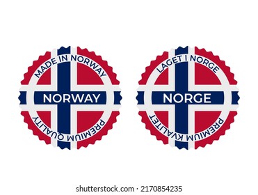 Made in Norway round labels in English and in Norwegian languages. Quality mark icon. Vector for logo design, tags, badges, stickers, emblem, product package, etc.