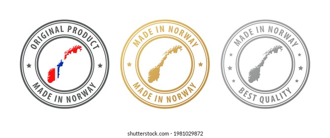 Made in Norway - set of stamps with map and flag. Best quality. Original product. Vector illustration