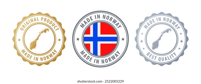 Feito na Noruega - conjunto de selos com mapa e bandeira. Melhor qualidade. Produto original. Ilustração vetorial