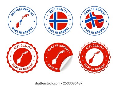 Hecho en Noruega - conjunto de sellos y pegatinas con mapa y bandera. La mejor calidad. Producto original. Ilustración vectorial.