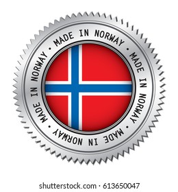 Made in Norway silver badge with the flag symbol of Norwegian flag in the center. Vector illustration isolated on white background.