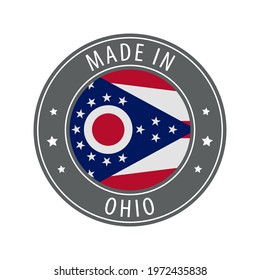 Made in Ohio icon. Gray stamp with a round state flag.