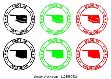 Made in Oklahoma - rubber stamp - vector, Oklahoma (United States of America) map pattern - black, green and red