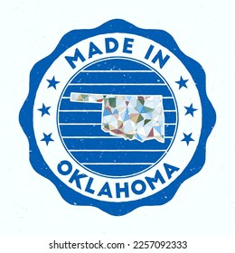 Made In Oklahoma. US state round stamp. Seal of Oklahoma with border shape. Vintage badge with circular text and stars. Vector illustration.