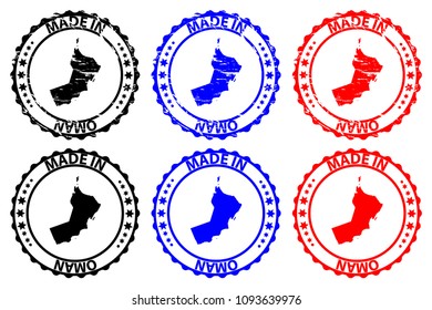 Made in Oman - rubber stamp - vector, Sultanate of Oman map pattern - black, blue and red