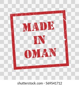 made in Oman text rubber seal stamp watermark. Caption inside rounded rectangular banner with grunge design and dirty texture. Slanted vector ink sticker on paper background.