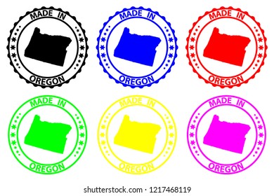 Made in Oregon - rubber stamp - vector, Oregon (United States of America) map pattern - black, blue, green, yellow, purple and red