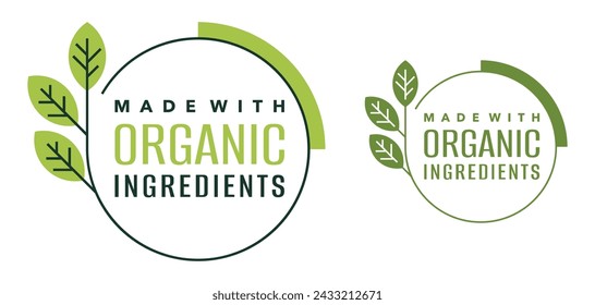 Made with Organic Ingredients - geometric badge for healthy natural food products composition labels. vector isolated pictogram with outline plant leaf