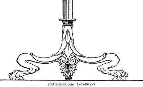 Hecho de bronce, se divide en tres patas, que se estiran con garras de león como pies, dibujo vintage de líneas o ilustración grabadora.