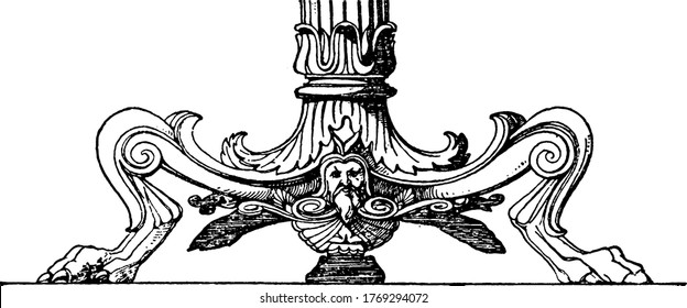 Made out of bronze, is divided into three legs, that that are stretched out with lion's claws as feet, vintage line drawing or engraving illustration.