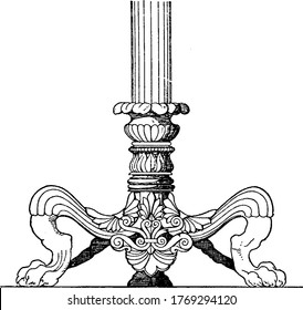Made out of bronze, is divided into three legs, that that are stretched out with lion's claws as feet, vintage line drawing or engraving illustration.