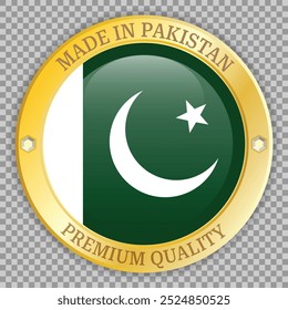 Made in Pakistan gold badge. Premium quality badge on checkered background. Vector icon with shadow underneath