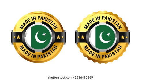 Made in Pakistan or Pakistani label icon a gold circle with a picture of a flag in the middle. For logo, flag, stamp, label, badge, mark, sign, product, etc. Modern and minimalist. Vector Illustration