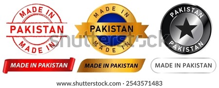 Made in Pakistan product manufactured produce commercial sell South Asia part country stamp colorful badge emblem medal sticker seal design icon set collection