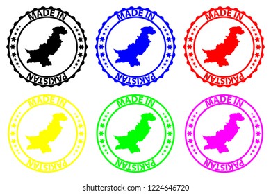 Made in Pakistan - rubber stamp - vector, Pakistan map pattern - black, blue, green, yellow, purple and red
