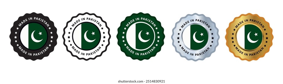 Made in pakistan set of sign stamp badge, with varian color green, silver, gold, black suitable for products manufactured, military, agriculture or food vector illustration eps editable text