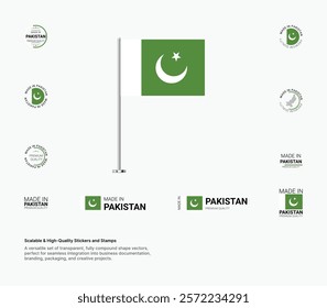 Made in Pakistan Stamps, Flag, Tags, labels, Seals, Icons. Creative Designs for Branding and Packaging