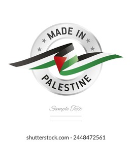 Hecho en Palestina. Cinta de la bandera de Palestina con el icono del sello del anillo de plata. Vector de la etiqueta del signo de Palestina aislado sobre fondo blanco