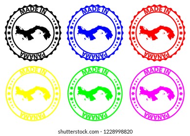 Made in Panama - rubber stamp - vector, Panama map pattern - black, blue, green, yellow, purple and red