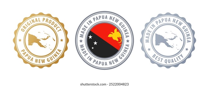 Made in Papua New Guinea - set of stamps with map and flag. Best quality. Original product. Vector illustration