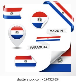 Made in Paraguay collection of ribbon, label, stickers, pointer, badge, icon and page curl with Paraguayan flag symbol on design element. Vector EPS 10 illustration isolated on white background.