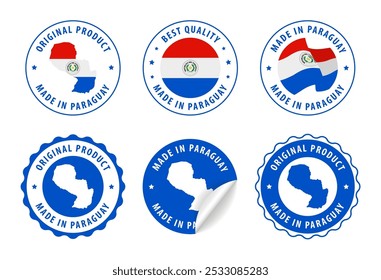 Feito no Paraguai - conjunto de etiquetas, selos, distintivos, com o mapa do Paraguai e bandeira. Melhor qualidade. Produto original. Ilustração vetorial