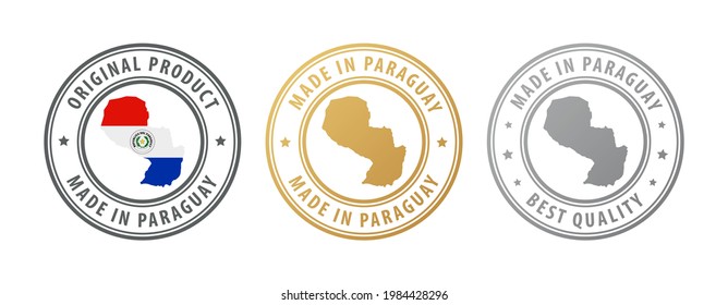 Made in Paraguay - set of stamps with map and flag. Best quality. Original product. Vector illustration