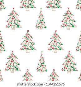 Made of paw print Christmas tree. Christmas and Happy new year seamless fabric design pattern white background