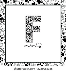 Made of paw print F letter. Black and white paw prints seamless fabric textile design pattern frame