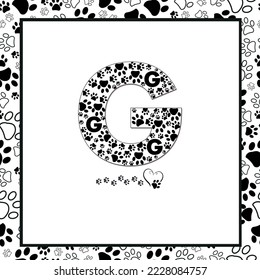 Made of paw print G letter. Black and white paw prints seamless fabric textile design pattern frame