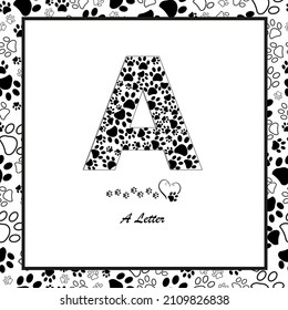 Made of paw print A letter. Black and white paw prints seamless fabric textile design pattern frame
