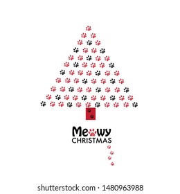 Made of paw prints Christmas tree. ''Meowy Christmas'' text with happy new year greeting card