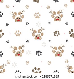 Made of paw prints and deer. Happy new year and Merry Christmas seamless fabric pattern