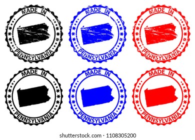 Made in Pennsylvania - rubber stamp - vector, Pennsylvania (United States of America) map pattern - black, blue and red